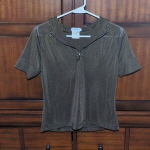 Vintage Esprit Top / Esprit Shimmery Brown Short-Sleeve Hooded Half-Zip Top